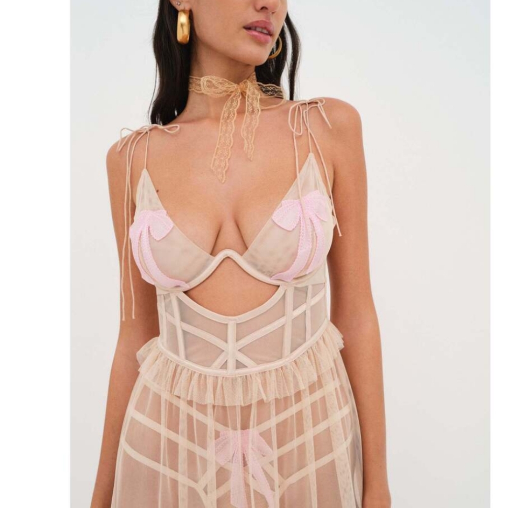 For Love and Lemons Elegant Pink and Cream Lingerie Maxi Dress